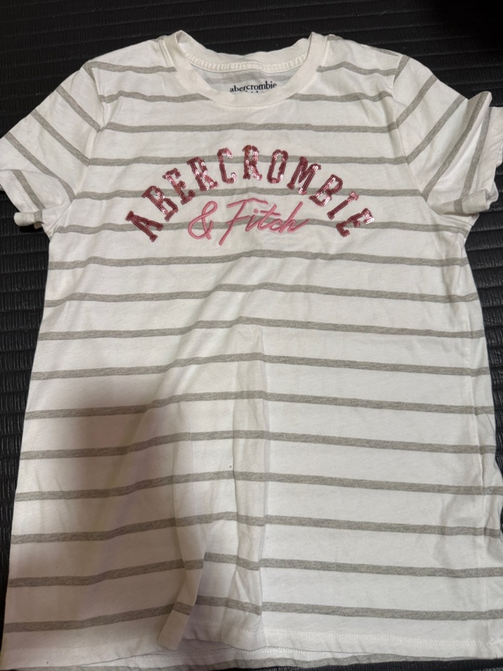 abercrombie kids White & Gray Striped Tee with Pink Logo